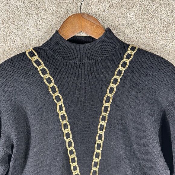 St John Santana Knit Sweater Black Key Chain Size‎ Small Mock Neck Shoulder Pads - Picture 2 of 13